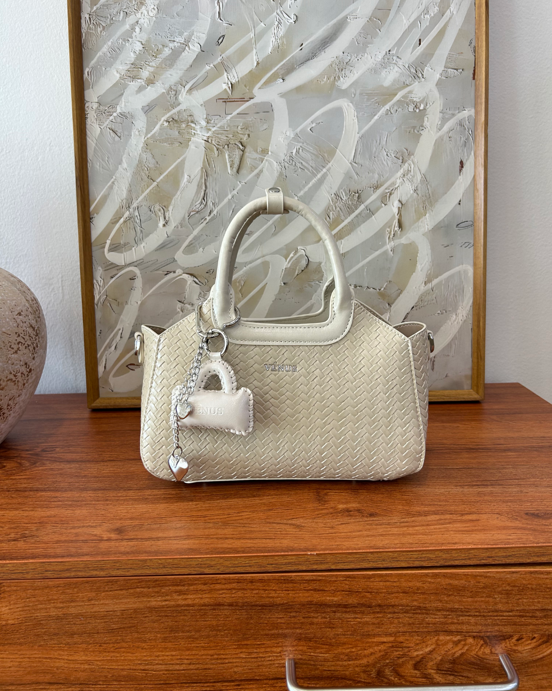 Macie Woven Satchel Bag - Beige