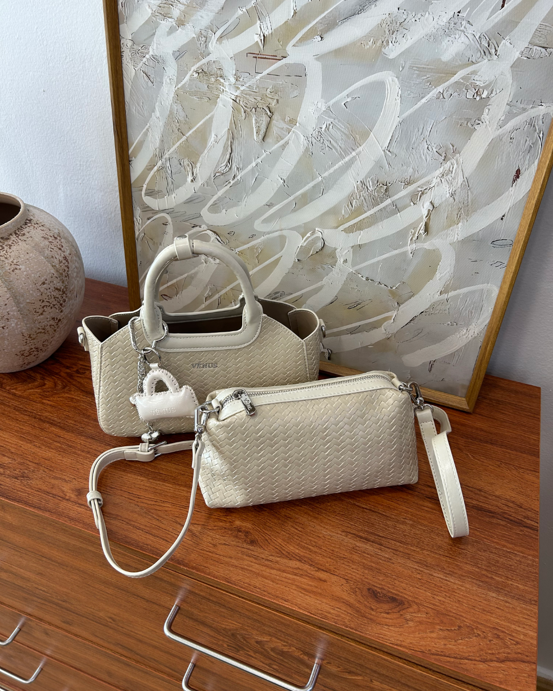 Macie Woven Satchel Bag - Beige