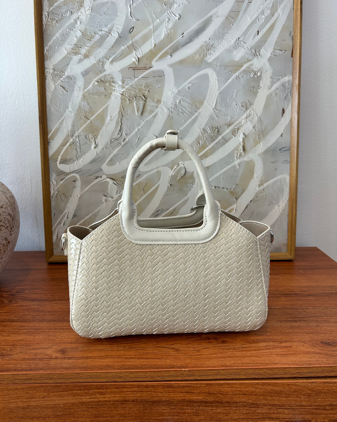 Macie Woven Satchel Bag - Beige