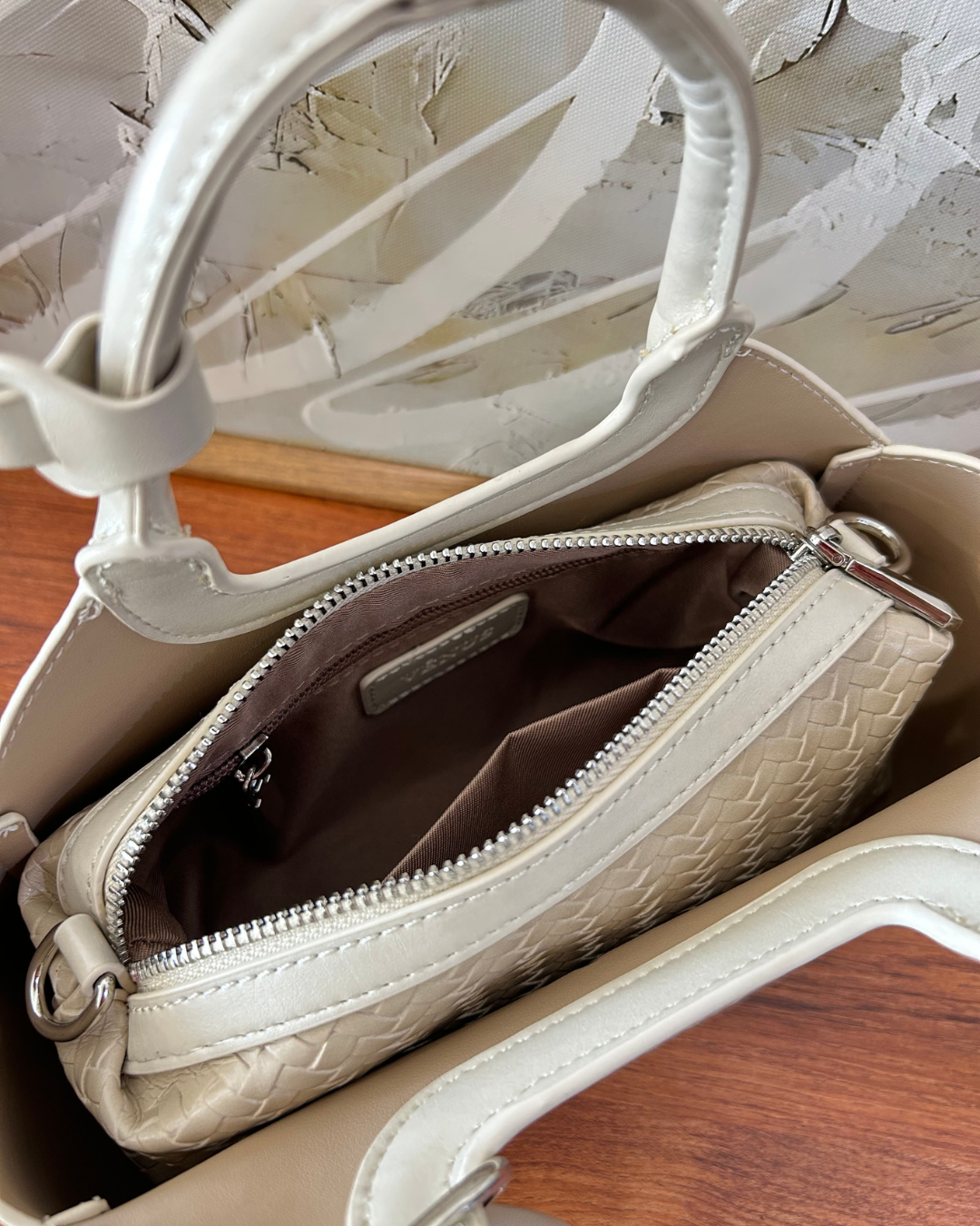 Macie Woven Satchel Bag - Beige